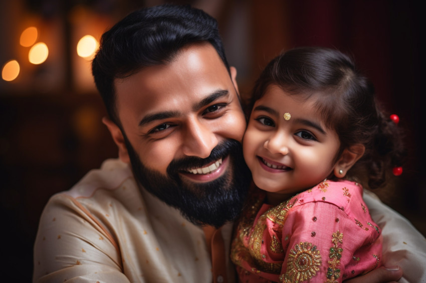 A photo of a happy single Indian father and his cute little daughter hugging warmly and lovingly in traditional clothes