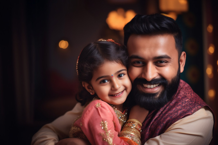 A photo of a happy single Indian father and his cute little daughter hugging warmly and lovingly in traditional clothes