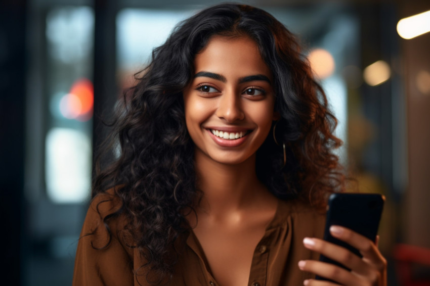 Photo of a smiling Indian woman holding her smartphone at home She looks positive and young