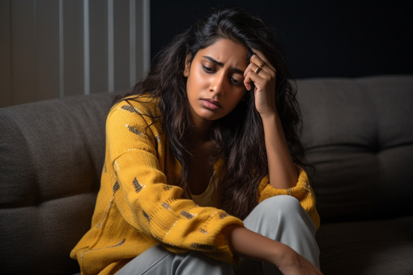 Photo of a sad young Indian woman on the couch at home looking into the distance and thinking about her life problems