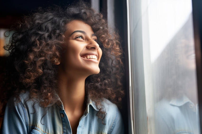 Photo of a happy young Indian woman smiling and looking out the window lost in thought