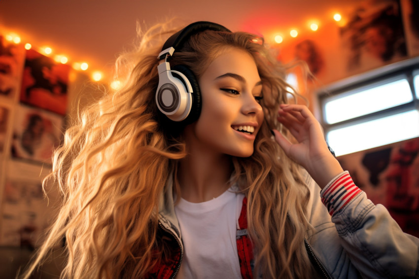 Picture of a teenage girl listening to music with headphones and dancing on her bed