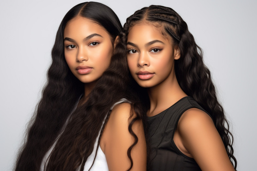 A picture of two pretty teenage girls one of African American descent and long black hair