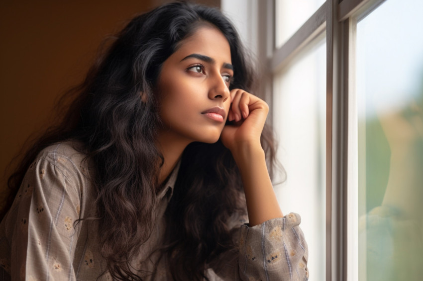 A photo of a young Indian woman standing in a living room looking out the window and thinking