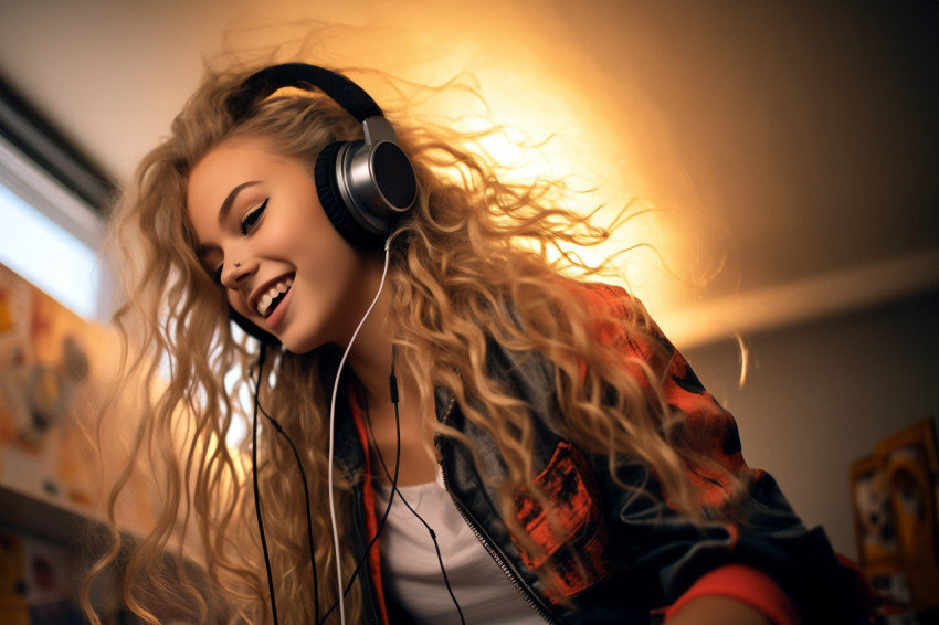 Picture of a teenage girl listening to music with headphones and dancing on her bed