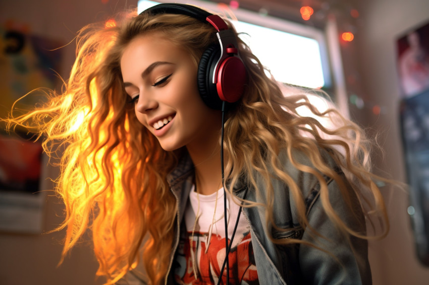 Picture of a teenage girl listening to music with headphones and dancing on her bed