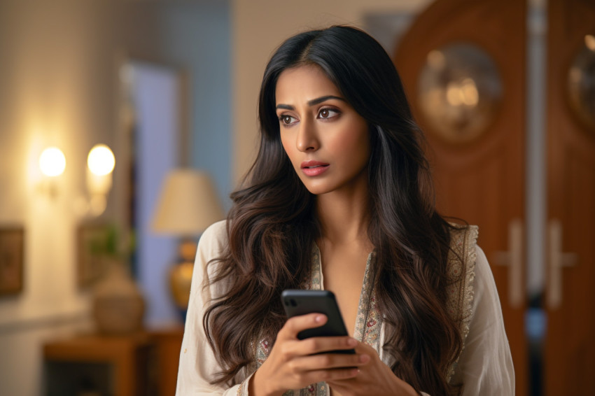 Photo of pensive Indian woman with smartphone in living room