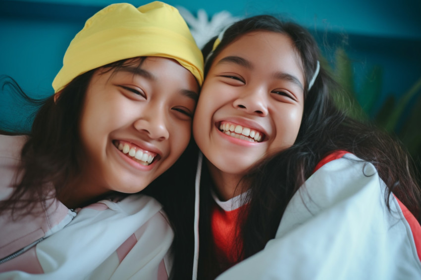 A photo of happy Vietnamese teenage girls relaxing at home