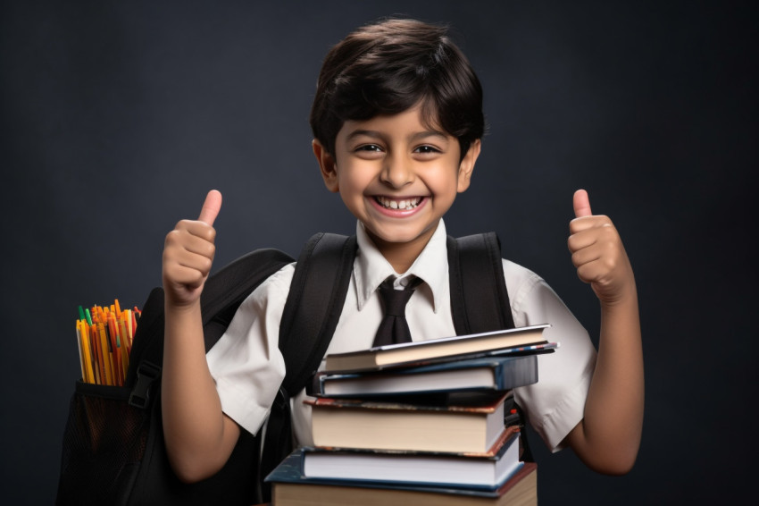 Indian boy with notebooks giving thumbs up