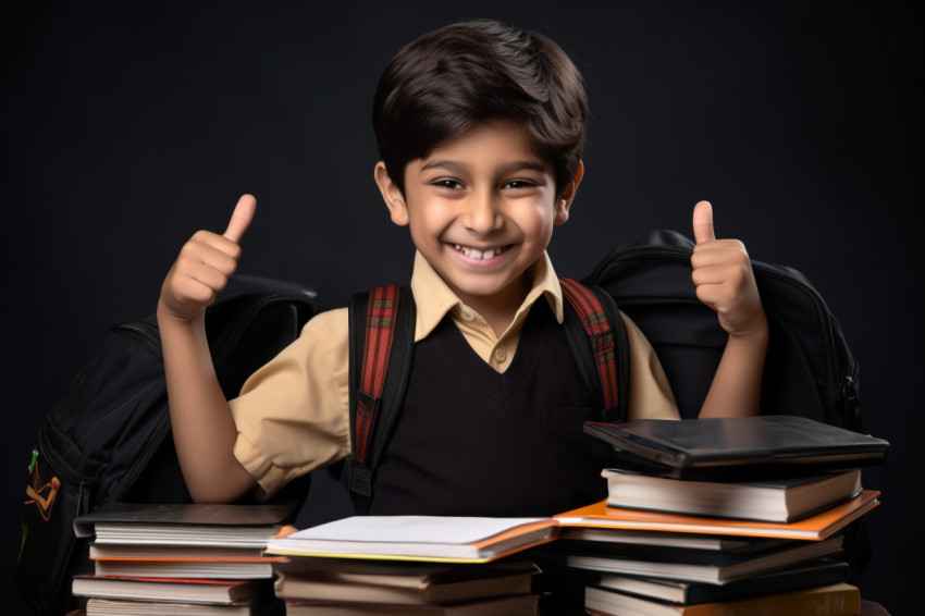 Indian boy with notebooks giving thumbs up