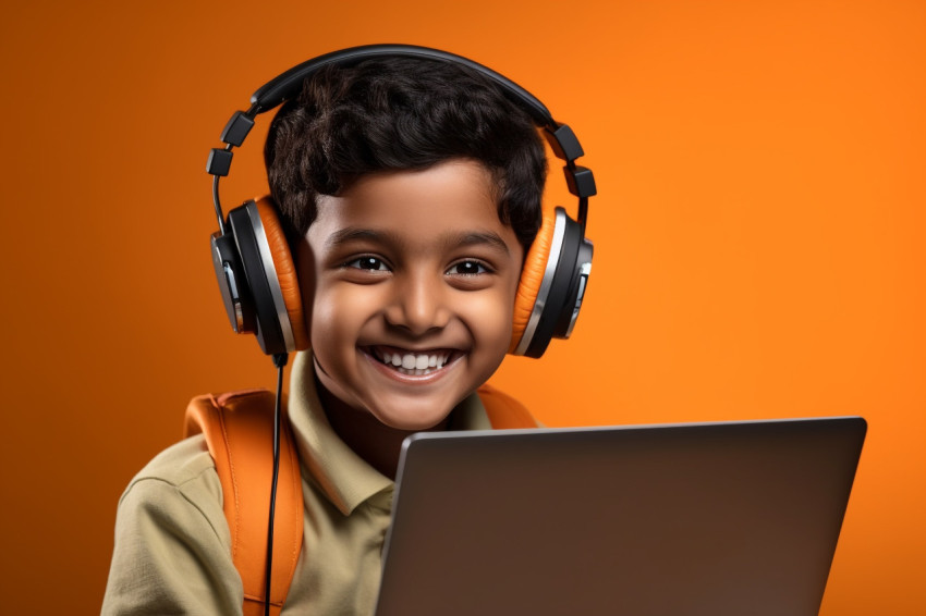 Indian boy with headset and laptop