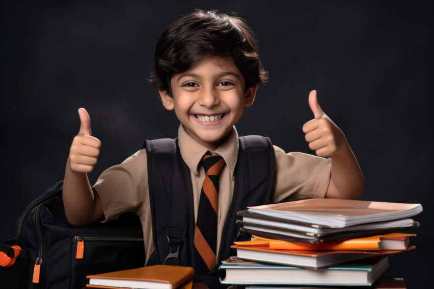 Indian boy with notebooks giving thumbs up