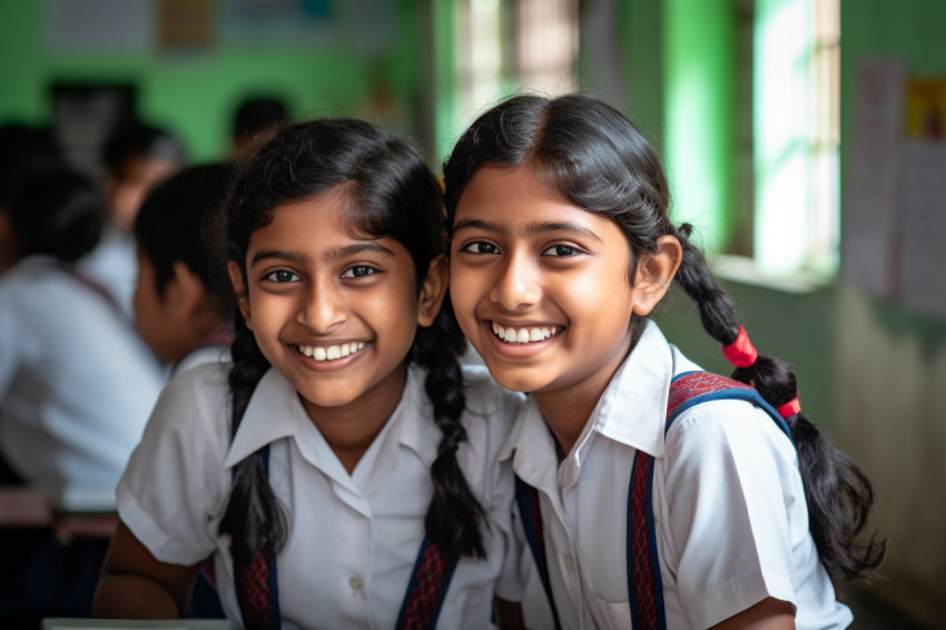 Two young Indian girls smile in front of class photo