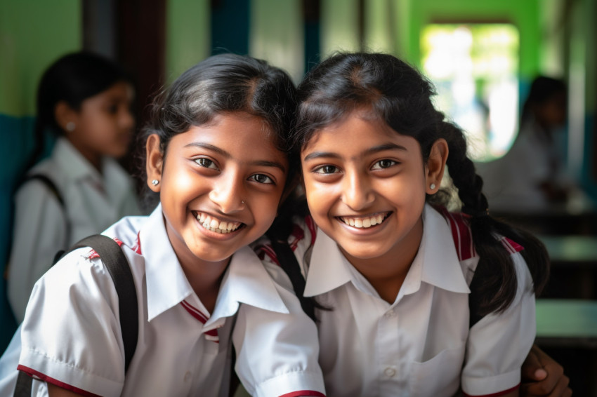 Two young Indian girls smile in front of class photo