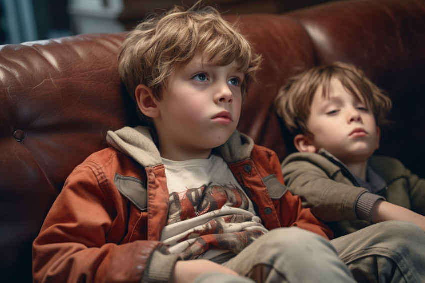 Sad kids on sofa after losing videogame