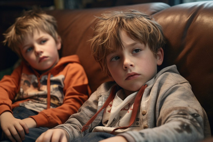 Sad kids on sofa after losing videogame