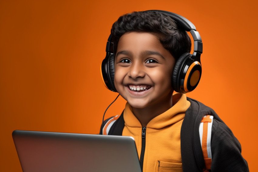 Indian boy with headset and laptop