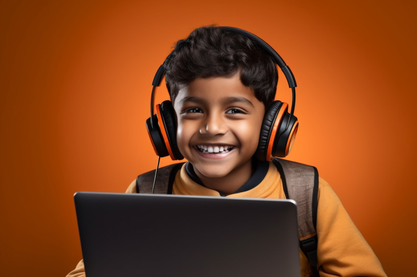 Indian boy with headset and laptop