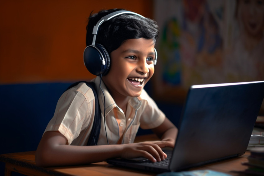 Indian student learns language online with headphones on laptop