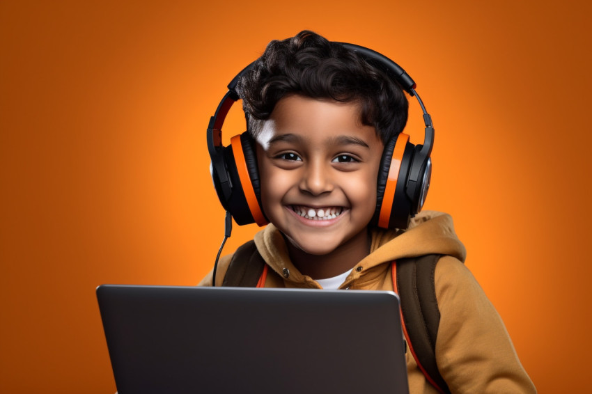 Indian boy with headset and laptop