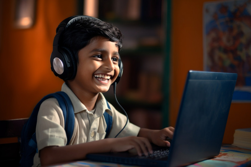 Indian student learns language online with headphones on laptop