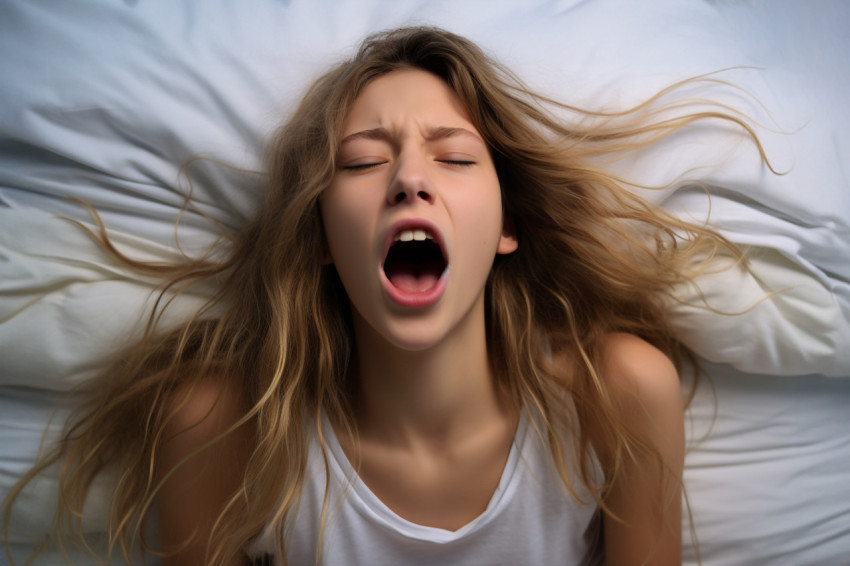 Pic of teen girl yawns on bed