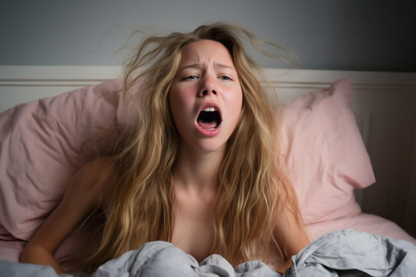 Pic of teen girl yawns on bed