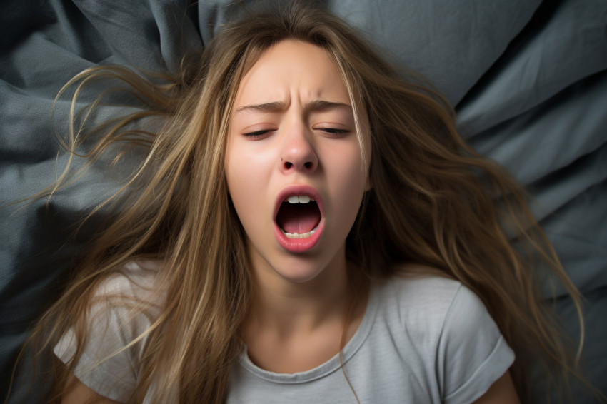 Pic of teen girl yawns on bed