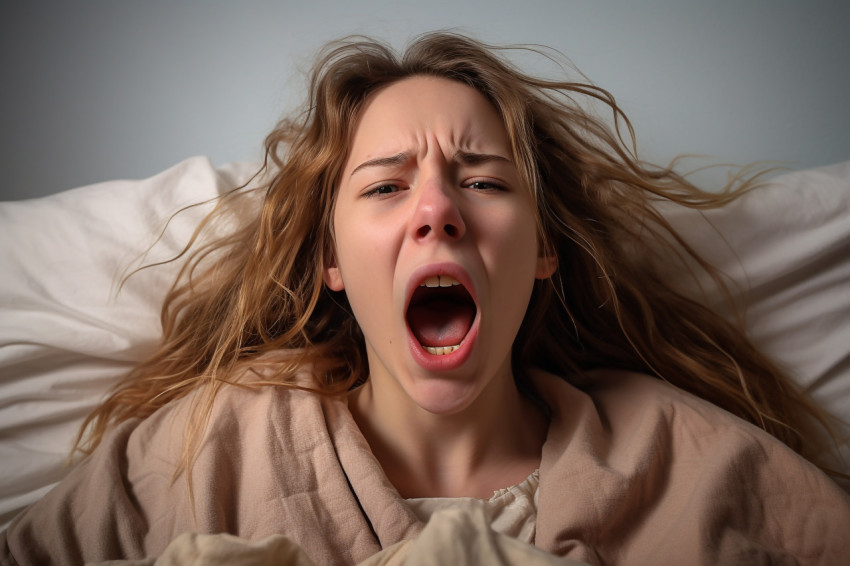 Pic of teen girl yawns on bed