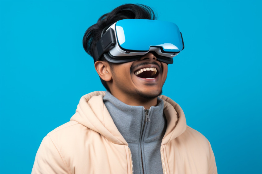 Photo of young Indian man using VR on blue background