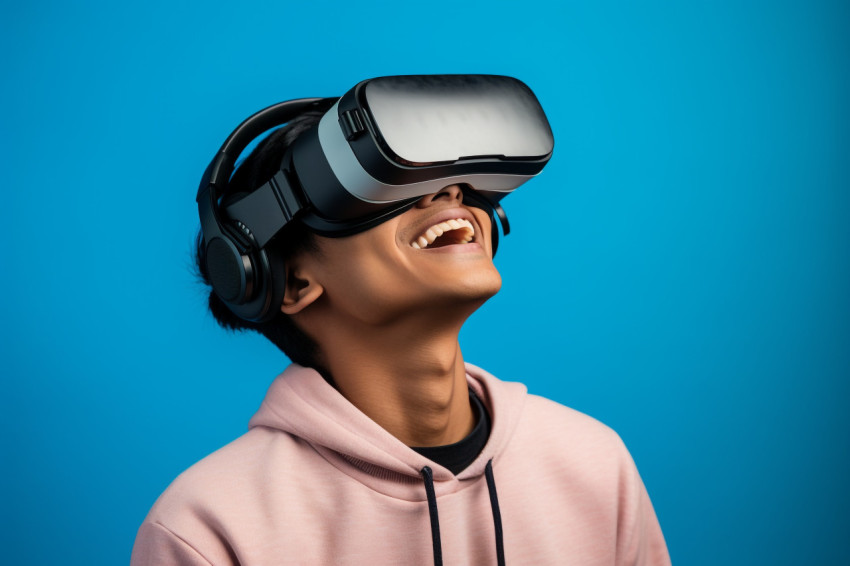 Photo of young Indian man using VR on blue background