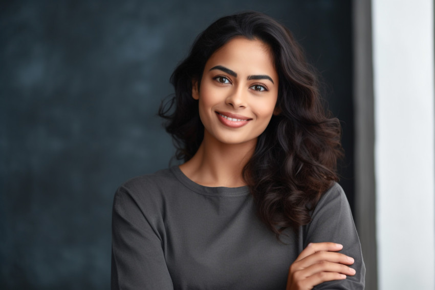 Smart Indian woman standing with folded arms at home