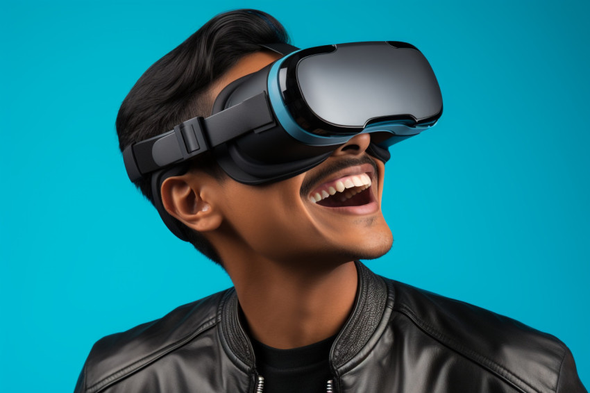 Photo of young Indian man using VR on blue background