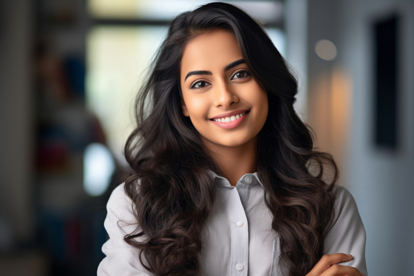 Smart Indian woman standing with folded arms at home