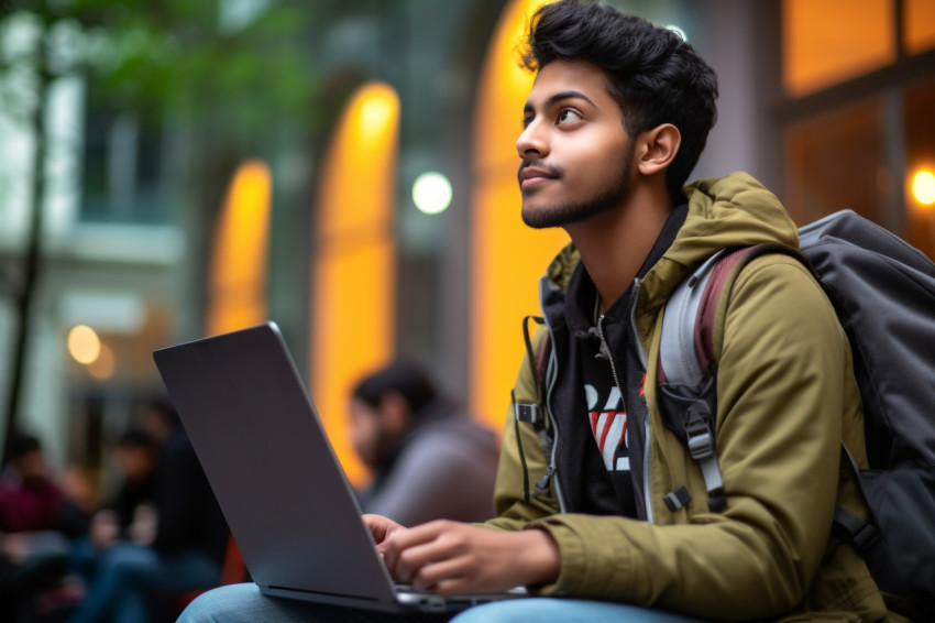 Young Indian student lost in thought while working on laptop