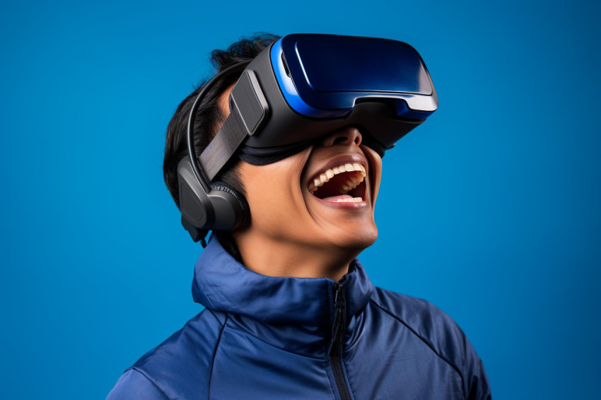 Photo of young Indian man using VR on blue background