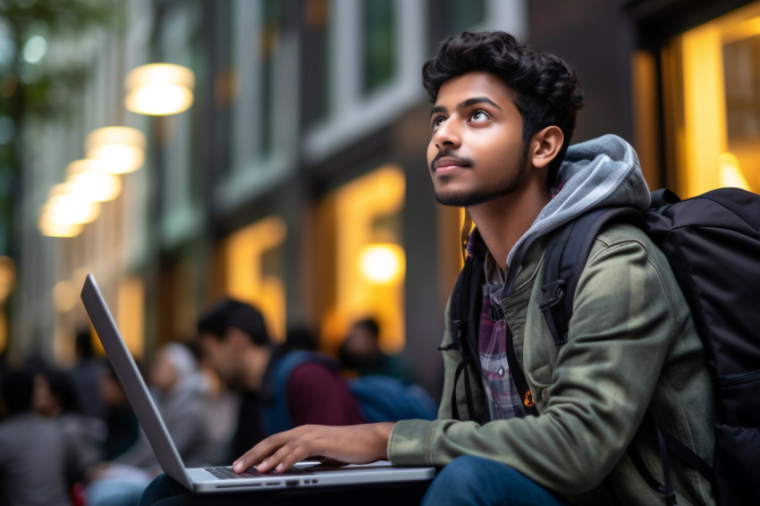 Young Indian student lost in thought while working on laptop