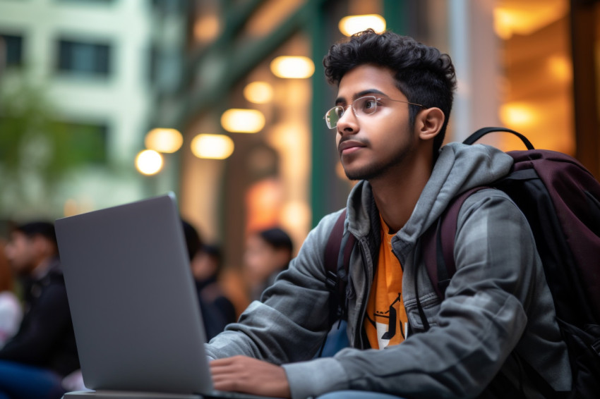 Young Indian student lost in thought while working on laptop