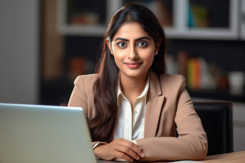 Photo of happy young Indian woman student freelancer teacher working at home