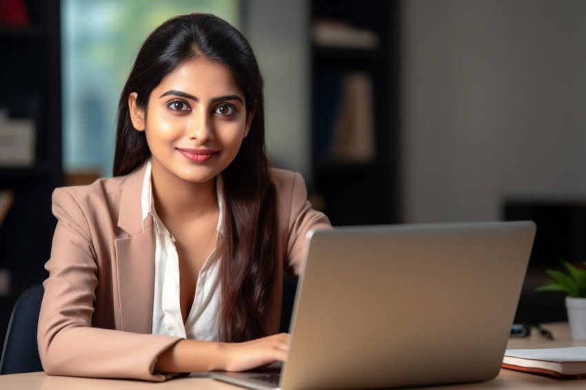 Photo of happy young Indian woman student freelancer teacher working at home