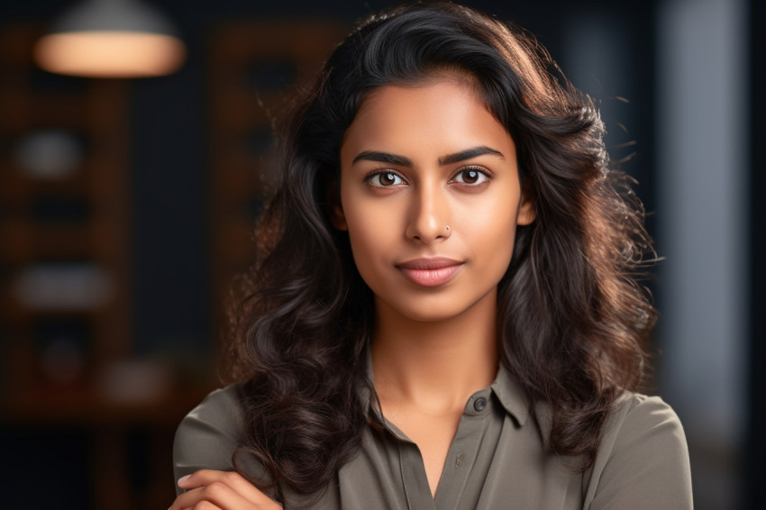 Smart Indian woman standing with folded arms at home