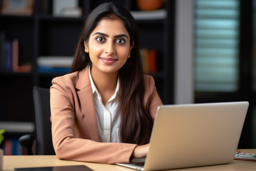 Photo of happy young Indian woman student freelancer teacher working at home