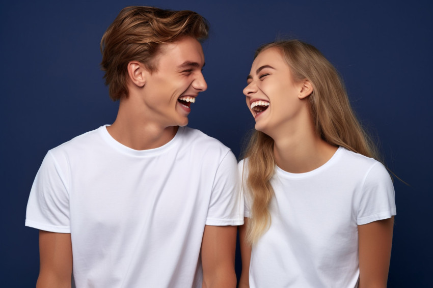 Two young men in white shirts smiling and talking on dark background