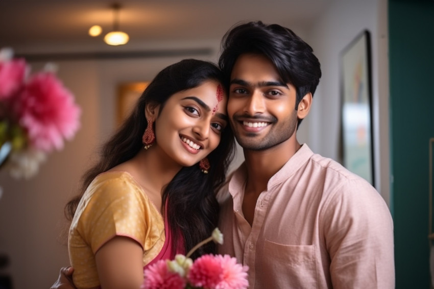 Happy Indian couple posing in living room