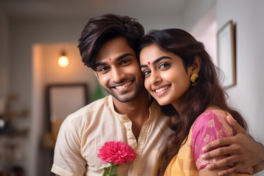 Happy Indian couple posing in living room