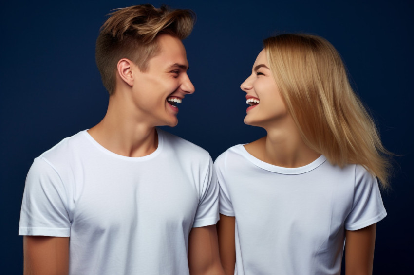 Two young men in white shirts smiling and talking on dark background