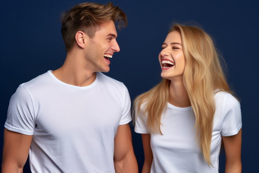 Two young men in white shirts smiling and talking on dark background