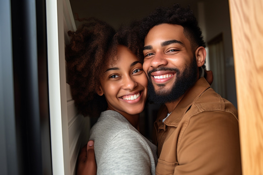 Happy African American couple hugging at new home doorway