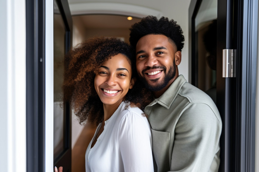 Happy African American couple hugging at new home doorway