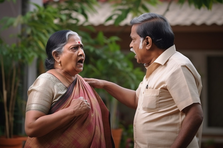 Indian senior couple arguing family problem